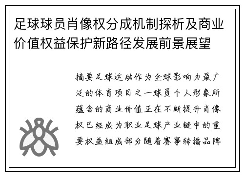 足球球员肖像权分成机制探析及商业价值权益保护新路径发展前景展望